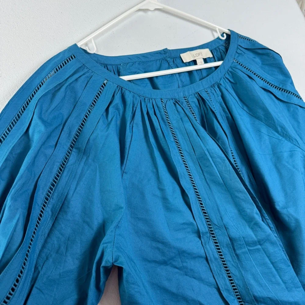 Loft Teal Blue Ladder Stitch Puff Sleeve Pleated Blouse Top Womens M 761445